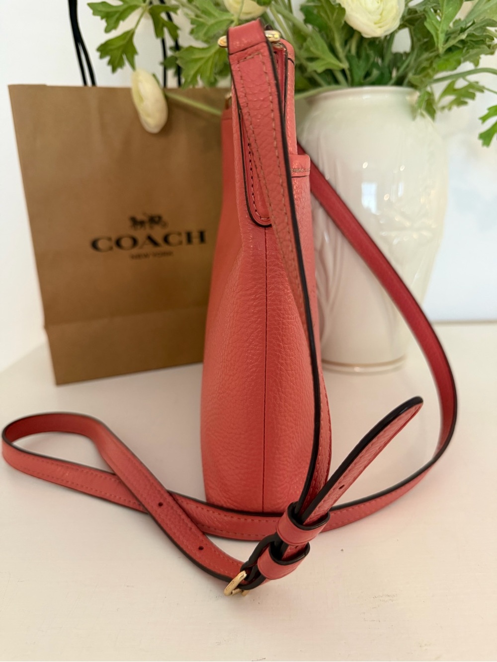 COACH Coral Bright Pink Perforated Logo Pebble Leather Crossbody style 91167 - Picture 6 of 15
